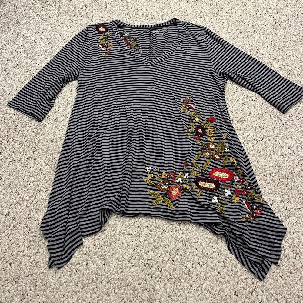 Soft Surroundings Striped Embroidered Tunic Top XL Boho Casual Viscose